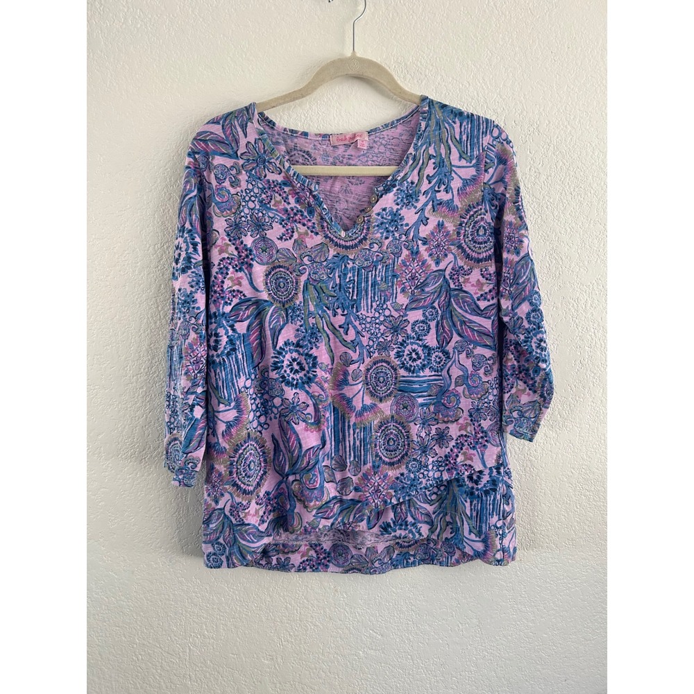 Fresh Produce‎ Pink Blue Floral Print Top Women's Medium Made in USA Boho Artsy - Picture 6 of 9